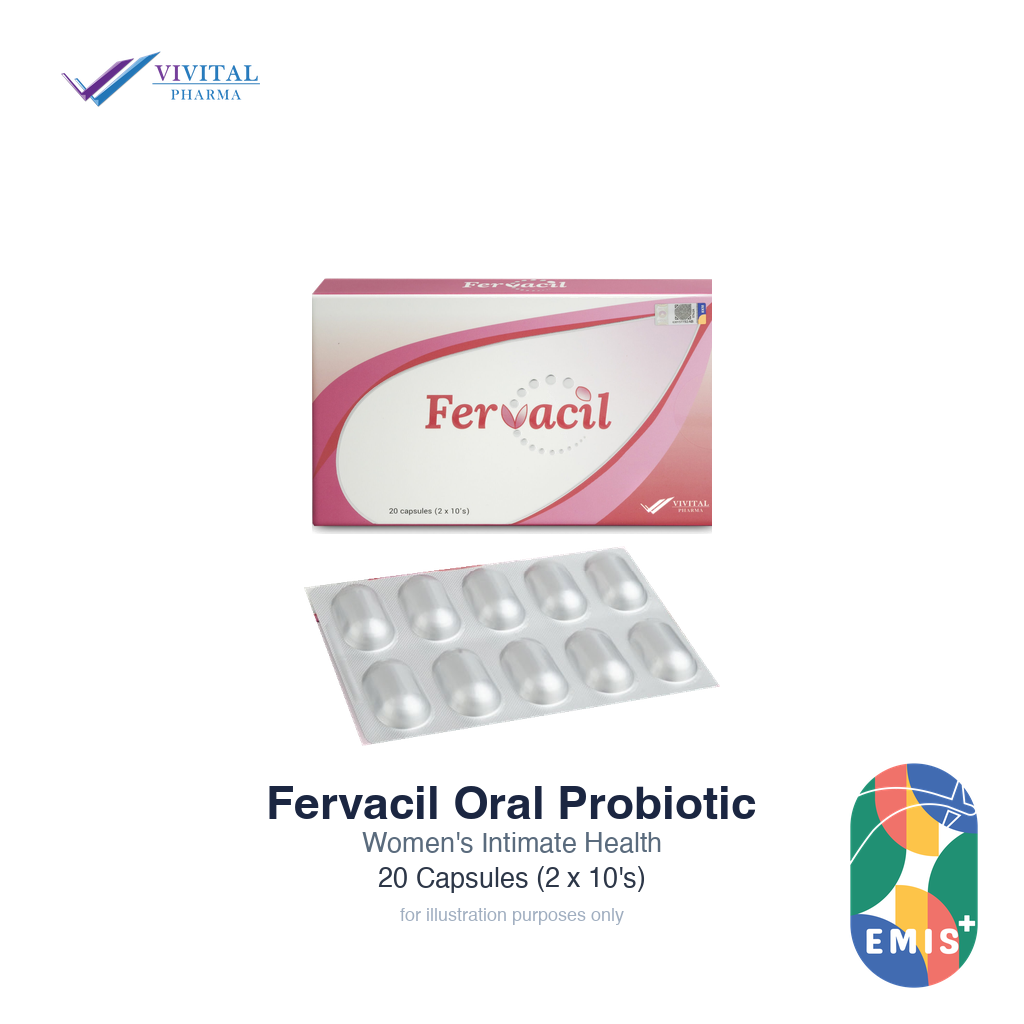 Fervacil Oral Probiotic 20 capsules, box and blister, EMIS+