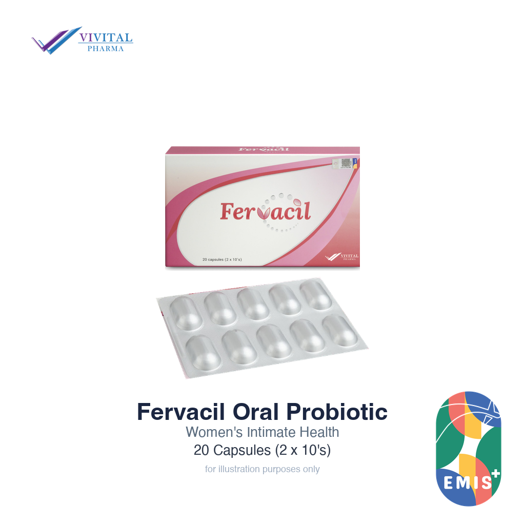 Fervacil Oral Probiotic 20 capsules, alternate box and blister, EMIS+