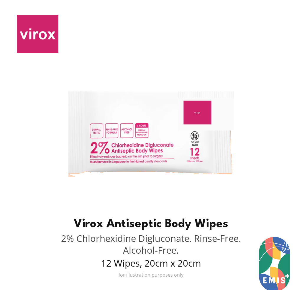 [2 Packs | 24s] Virox 2% Chlorhexidine Antiseptic Body Wipes 20cm x 20cm EMIS+