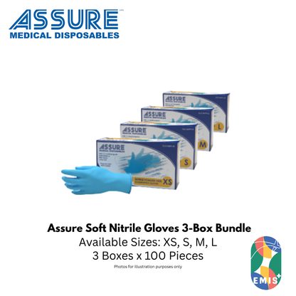 Bundle of 3 Assure Soft Nitrile Gloves Powder Free Blue 100 Pce/Box