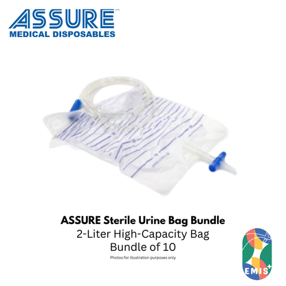 Bundle of 10 Assure Urine Bag Sterile 2L T-Outlet with 120cm Tubing