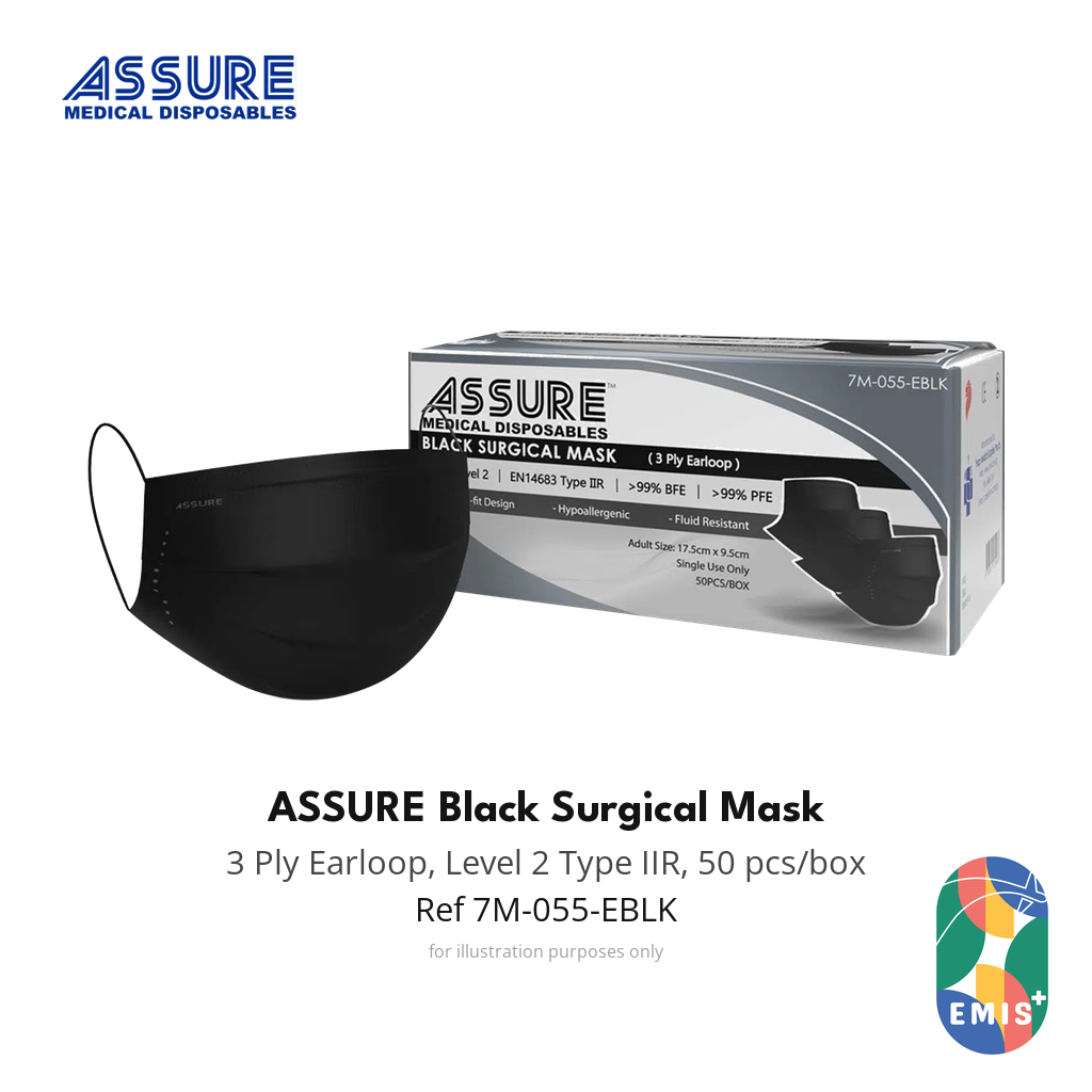 [3 Box Bundle] ASSURE Black Surgical Face Mask 3 Ply with Earloop 50 Pieces per Box