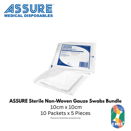 Bundle of 10 ASSURE Sterile Non Woven Gauze Swab 10cm x 10cm 4 Ply 5 Pcs Per Pack