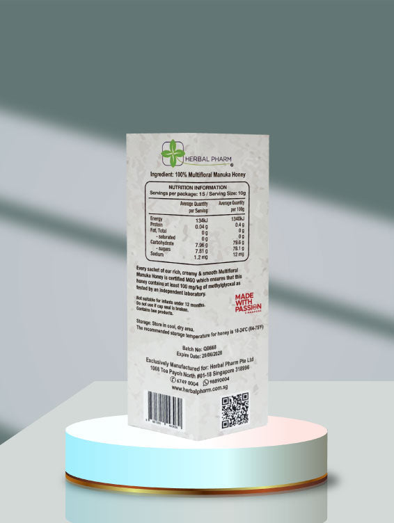 Herbal Pharm Manuka Honey Sachet 100+ 10g x 15 Sachets - Herbal Pharm Singapore