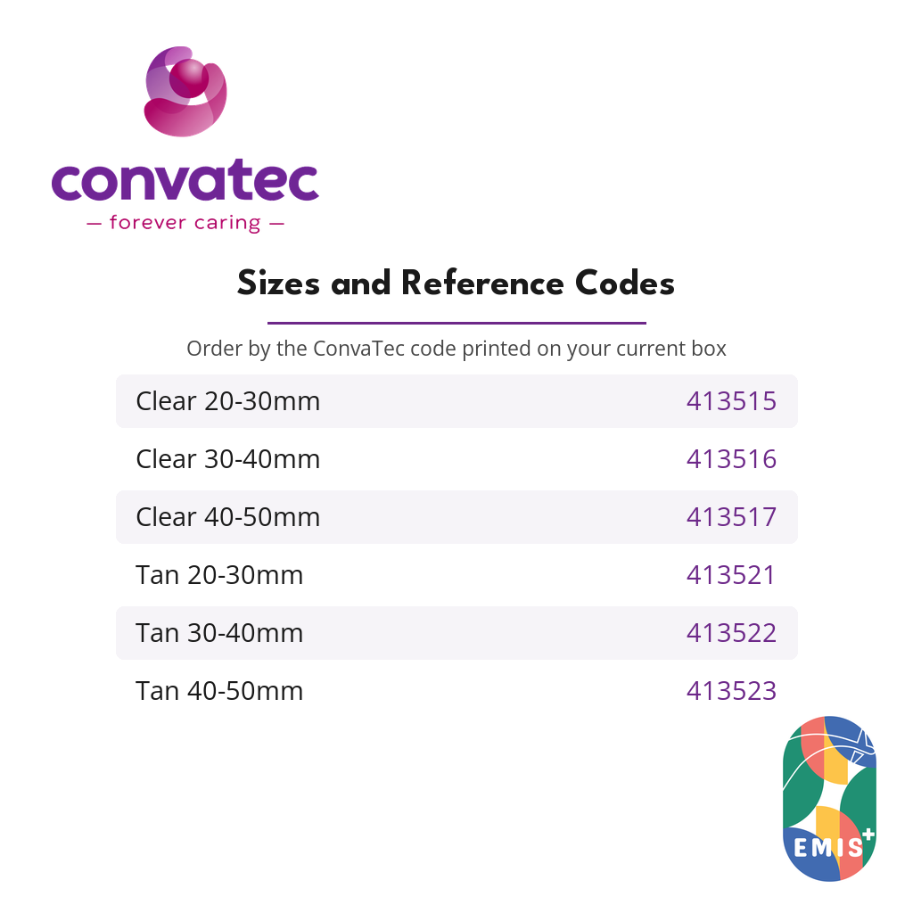 ConvaTec Esteem+ One Piece Moldable Drainable Pouch with Filter sizes and reference codes