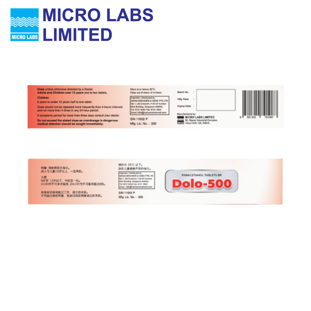 Dolo 500 Paracetamol Tablets 500mg 20 Tablets