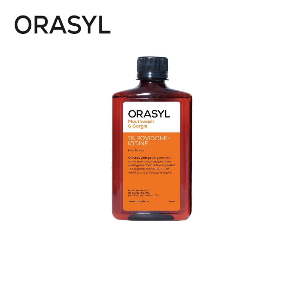 Orasyl Orange Povidone Iodine Antiseptic Mouth Gargle 1% Alcohol Free 250ml 500ml